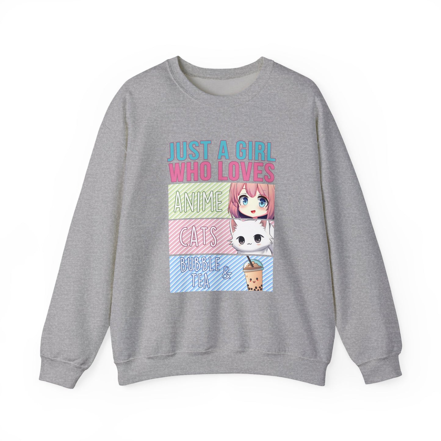 Crewneck Sweatshirt - Girl Anime, Bubble Tea, Cats