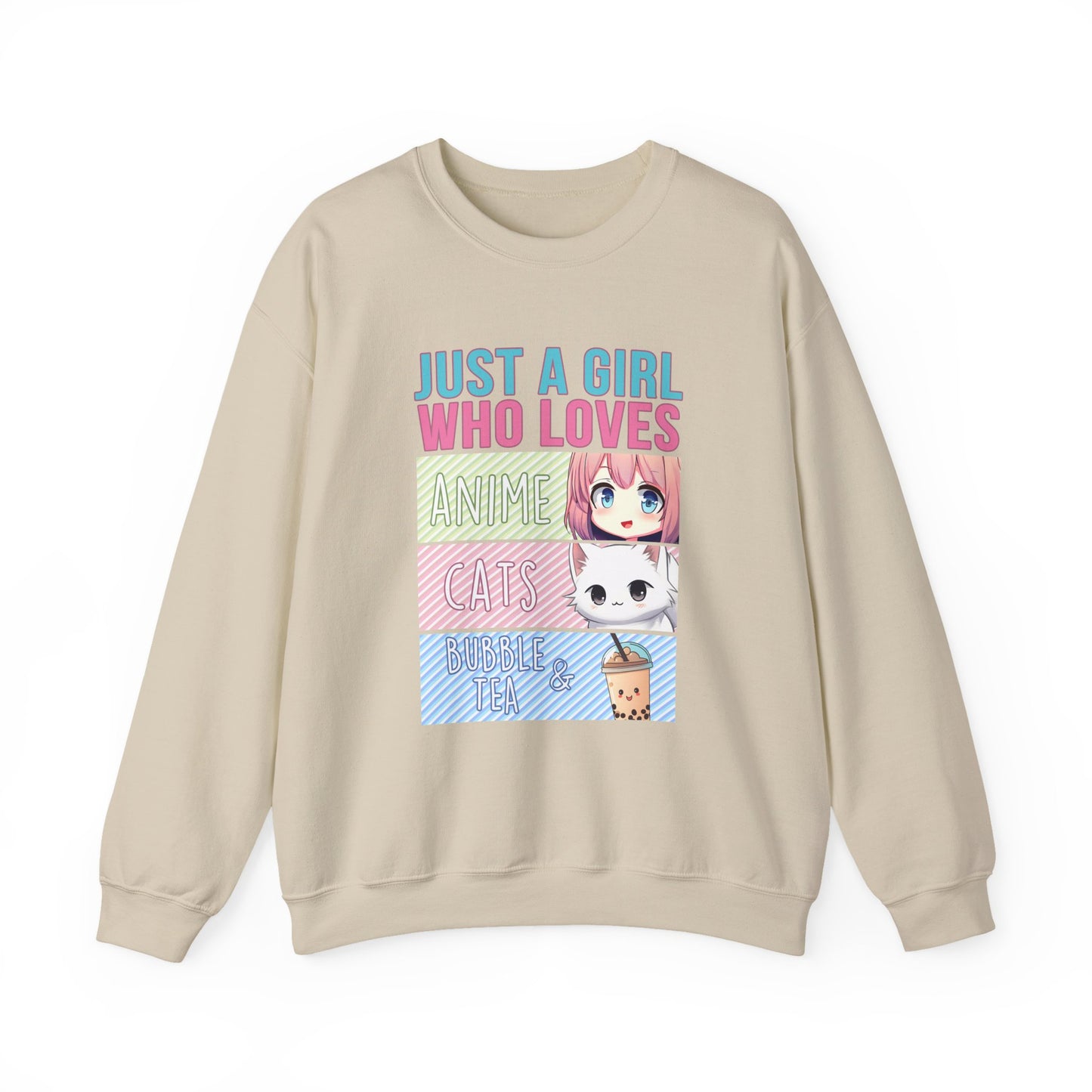 Crewneck Sweatshirt - Girl Anime, Bubble Tea, Cats
