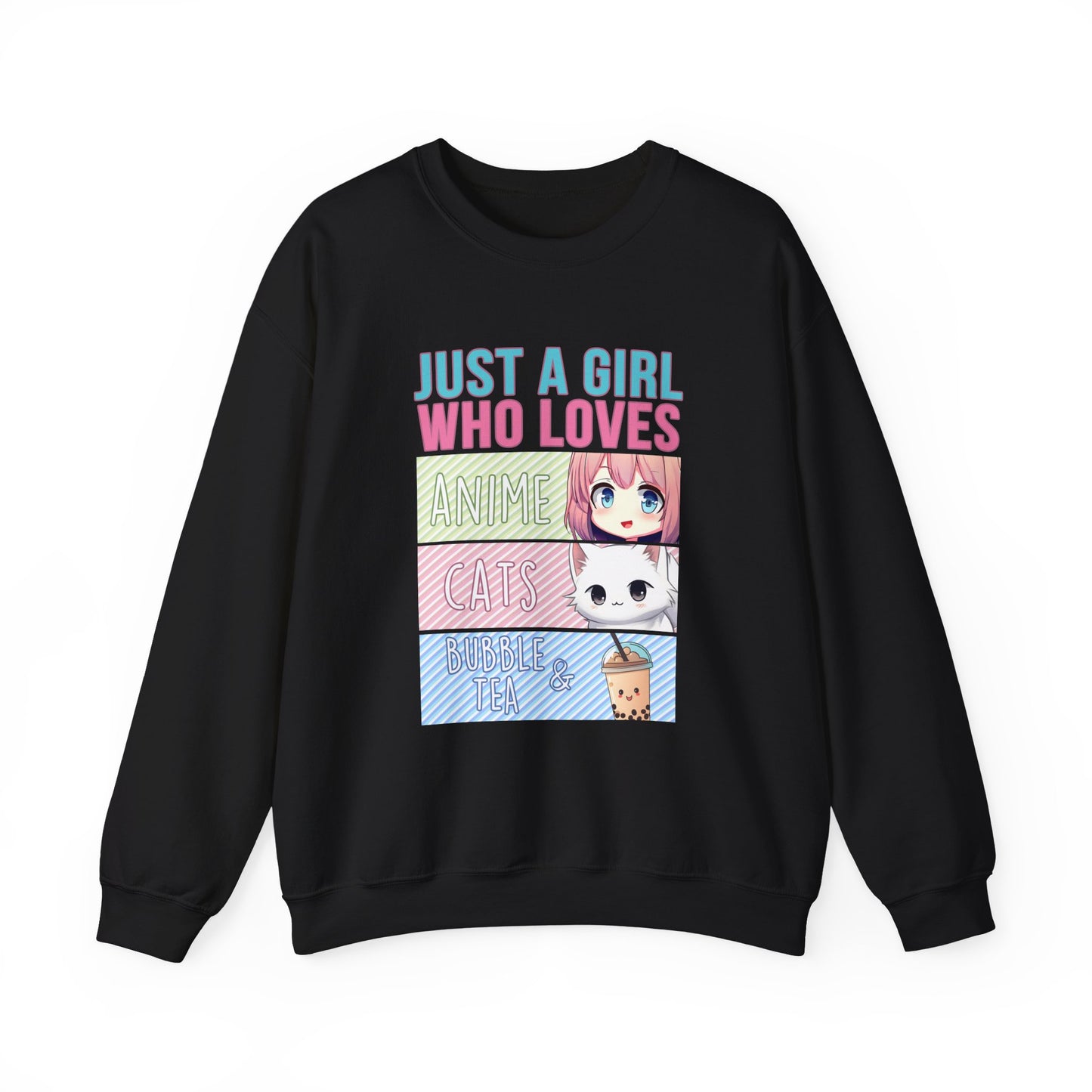 Crewneck Sweatshirt - Girl Anime, Bubble Tea, Cats
