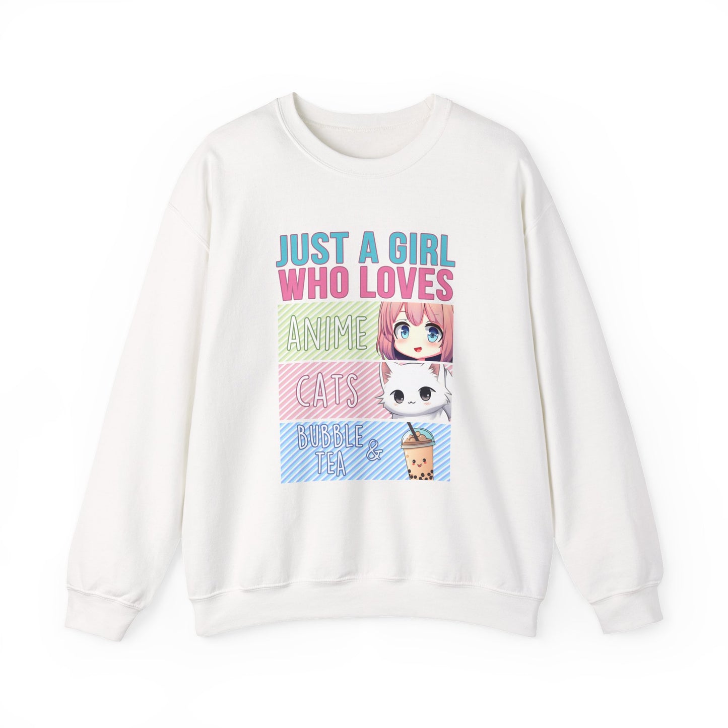 Crewneck Sweatshirt - Girl Anime, Bubble Tea, Cats