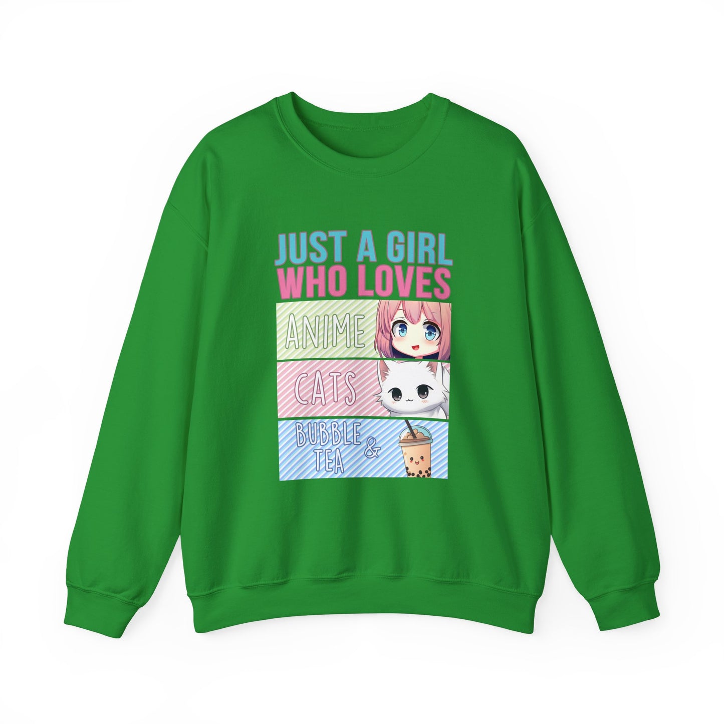 Crewneck Sweatshirt - Girl Anime, Bubble Tea, Cats
