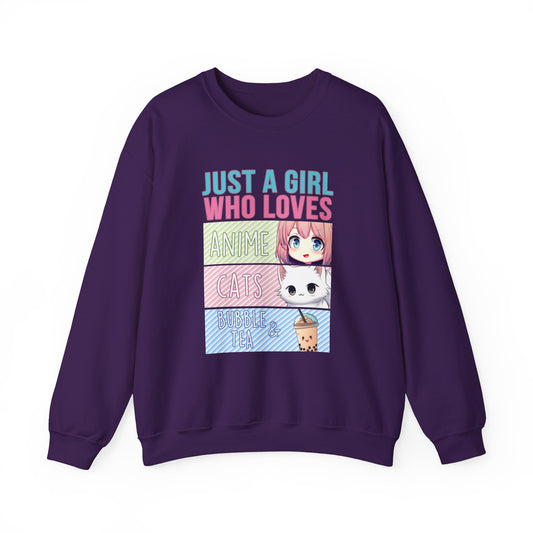 Crewneck Sweatshirt - Girl Anime, Bubble Tea, Cats