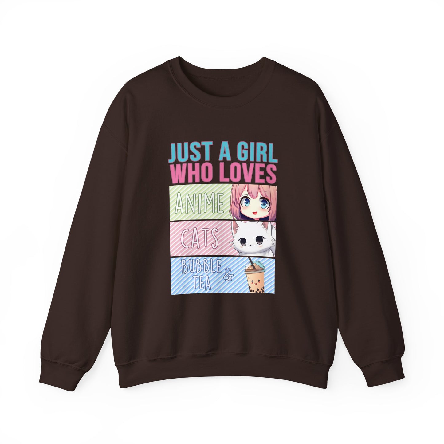 Crewneck Sweatshirt - Girl Anime, Bubble Tea, Cats