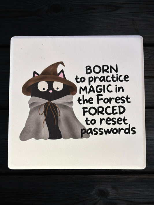 Born to practice magic forced to reset passwords cat ceramic coaster