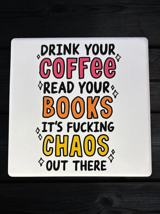 Coffee Books Chaos ceramic coaster