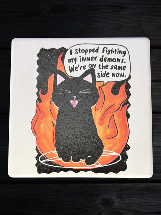 Inner demons cat ceramic coaster