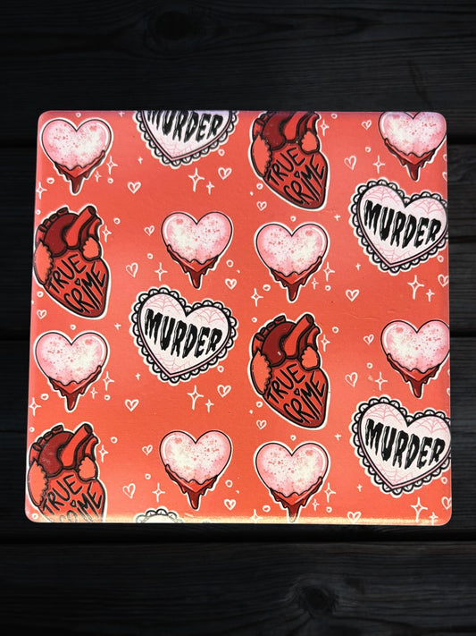 Red True Crime Murder Hearts ceramic coaster